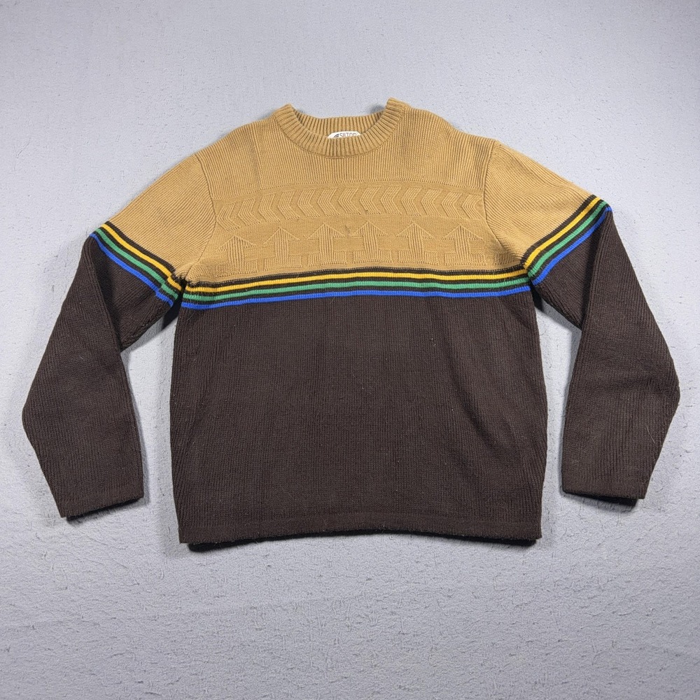 Vintage‎ Silton Sweater Mens Medium Brown Tan Stripe Crewneck Knit Retro 80s